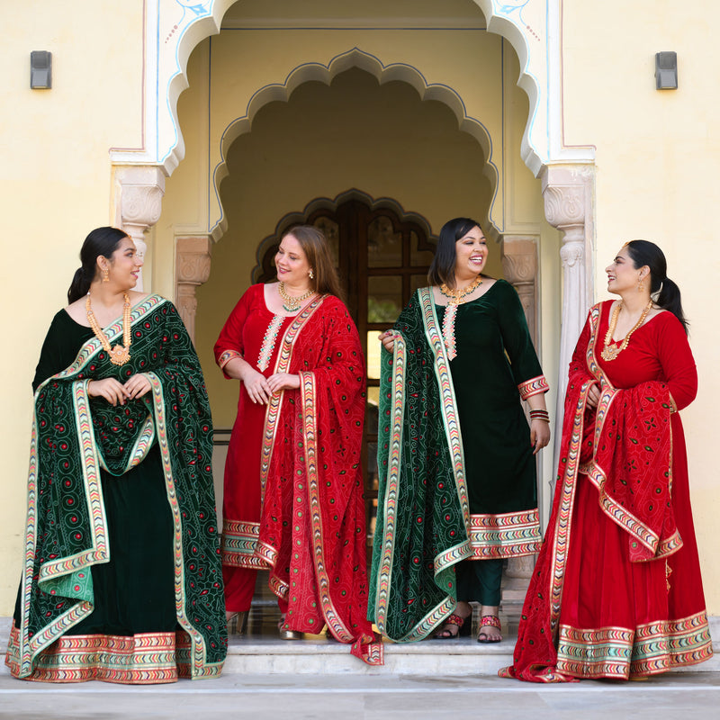 Cornell Red Bandhani Velvet Kurta