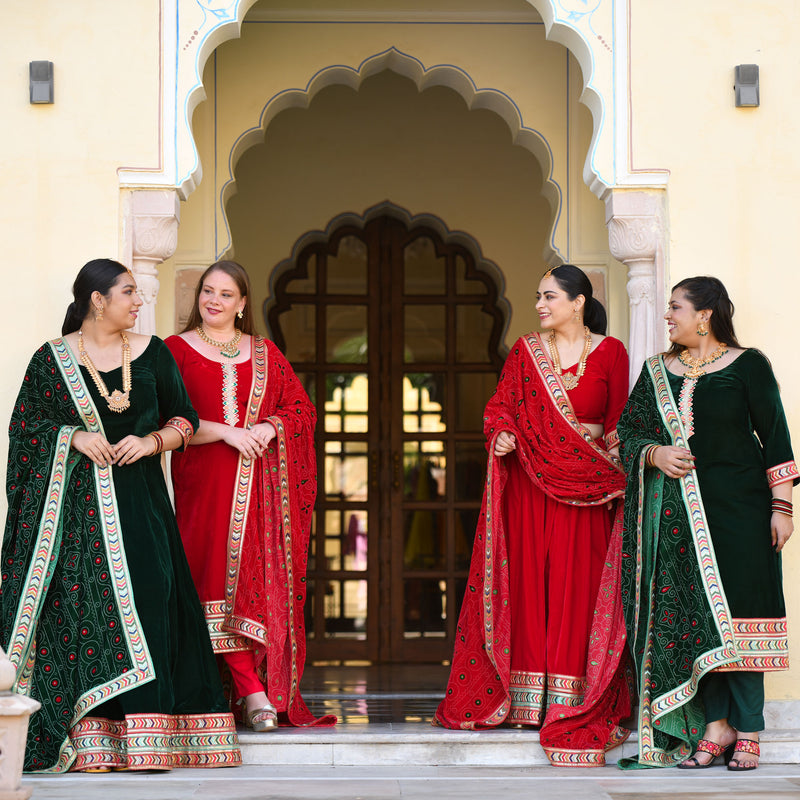 Cornell Red Bandhani Velvet Suit Set