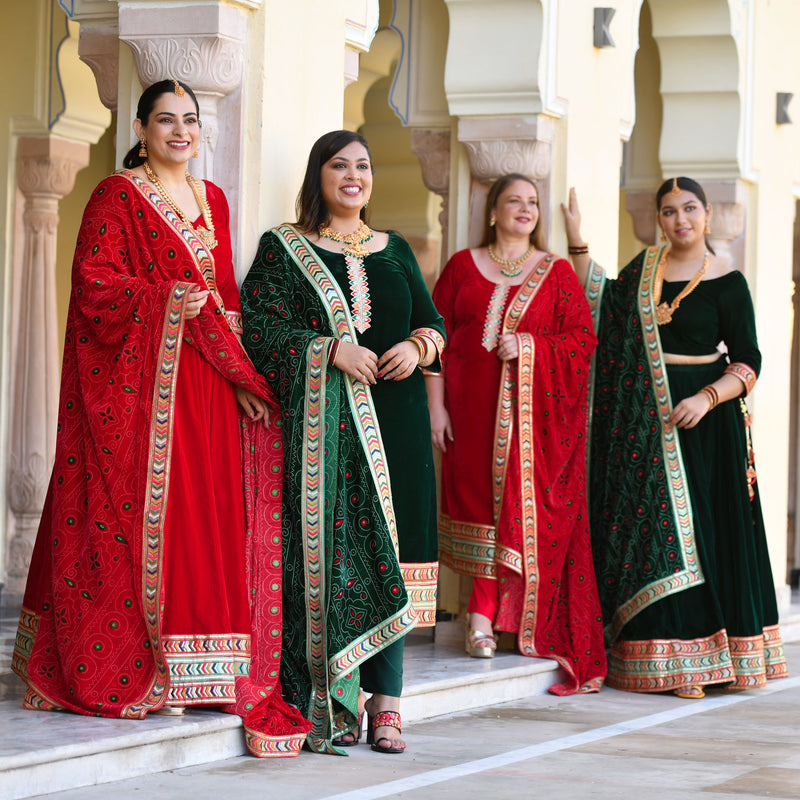 Cornell Red Bandhani Velvet Suit Set