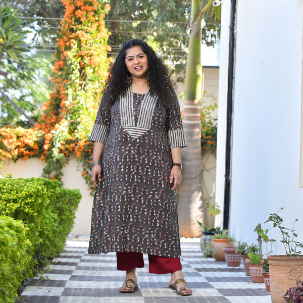 Antique Iron & Maroon Handblock Printed Modal Kurta