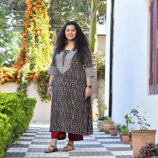 Antique Iron & Maroon Handblock Printed Modal Kurta