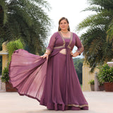 Heather Purple Sequin Embroidered Cape Set