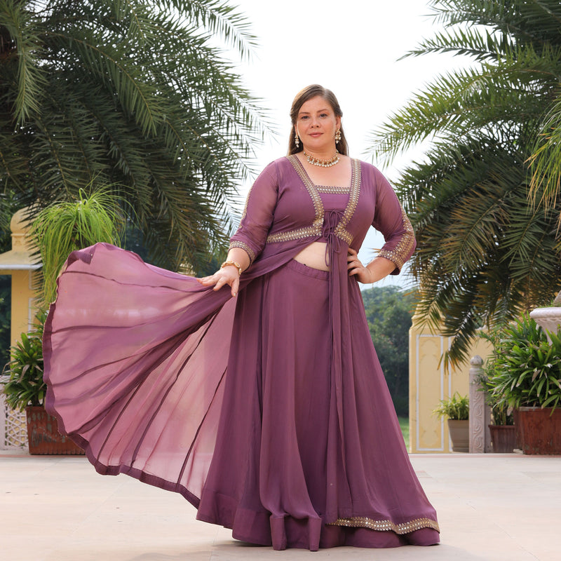 Heather Purple Sequin Embroidered Cape Set