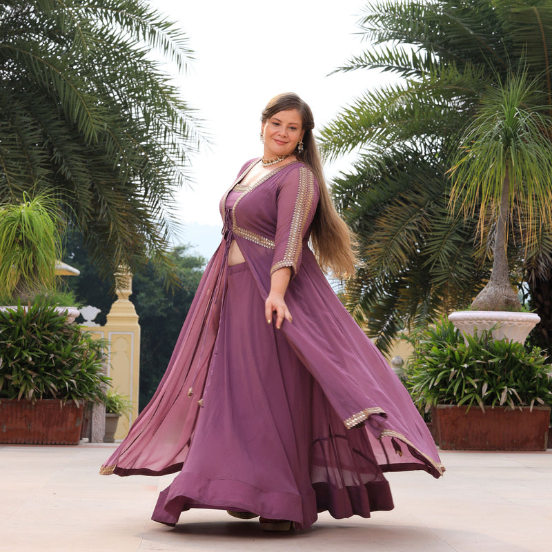 Heather Purple Sequin Embroidered Cape Set