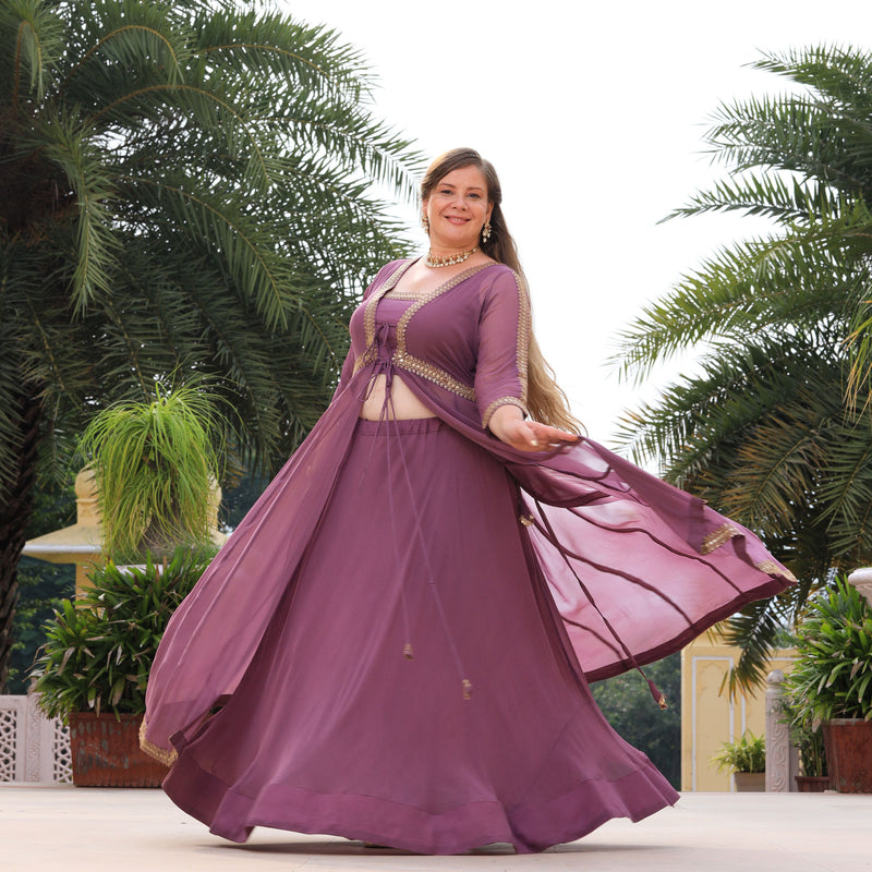 Heather Purple Sequin Embroidered Cape Set