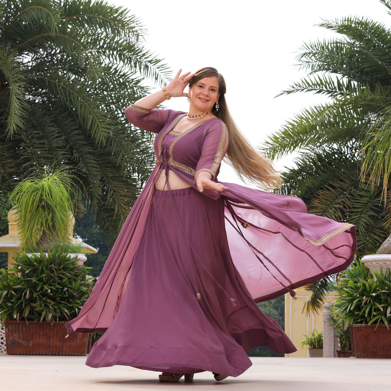 Heather Purple Sequin Embroidered Cape Set