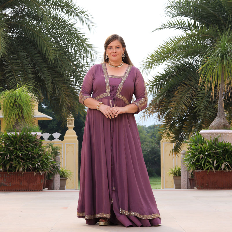 Heather Purple Sequin Embroidered Cape Set