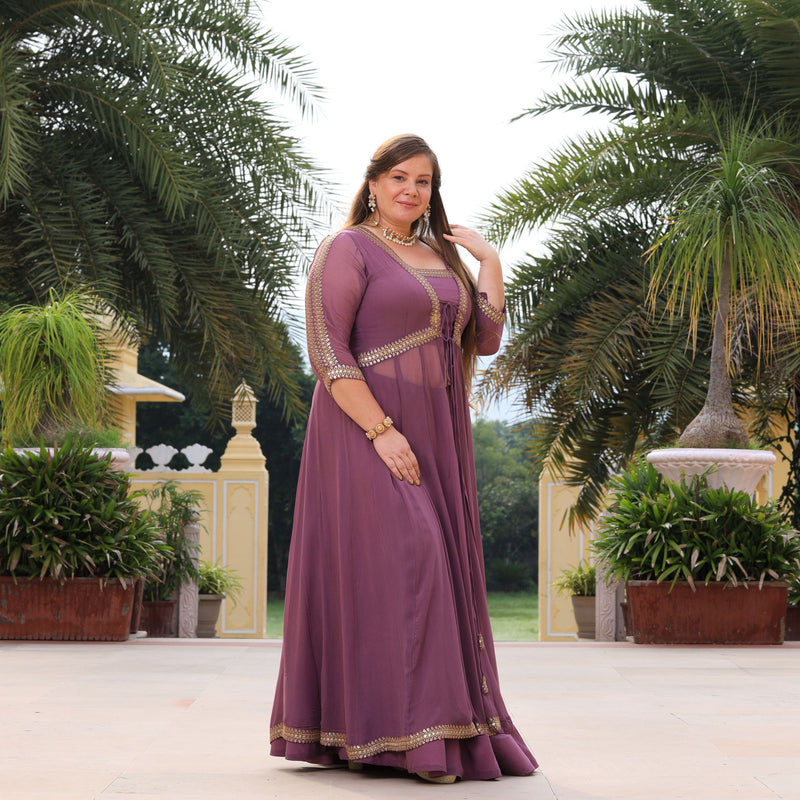 Heather Purple Sequin Embroidered Cape Set