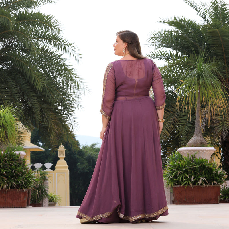 Heather Purple Sequin Embroidered Cape Set