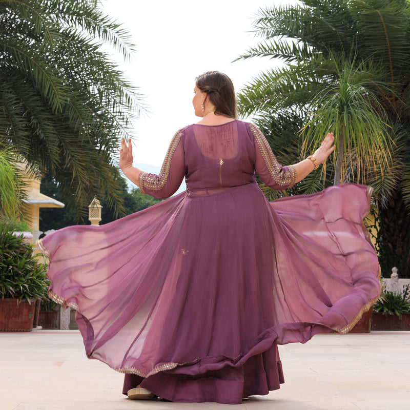 Heather Purple Sequin Embroidered Cape Set