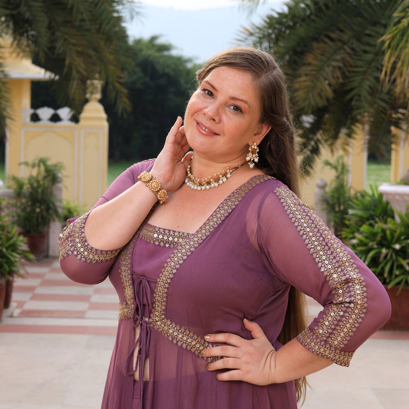 Heather Purple Sequin Embroidered Cape Set