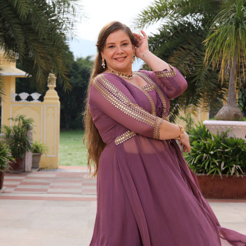 Heather Purple Sequin Embroidered Cape Set