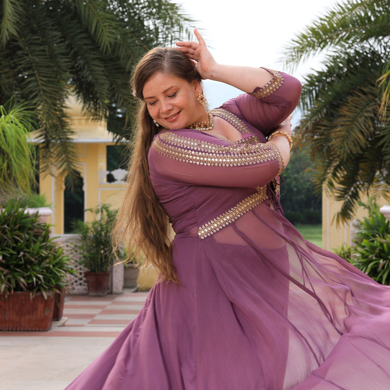 Heather Purple Sequin Embroidered Cape Set