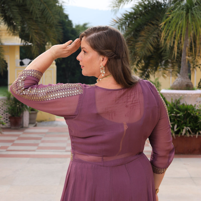 Heather Purple Sequin Embroidered Cape Set