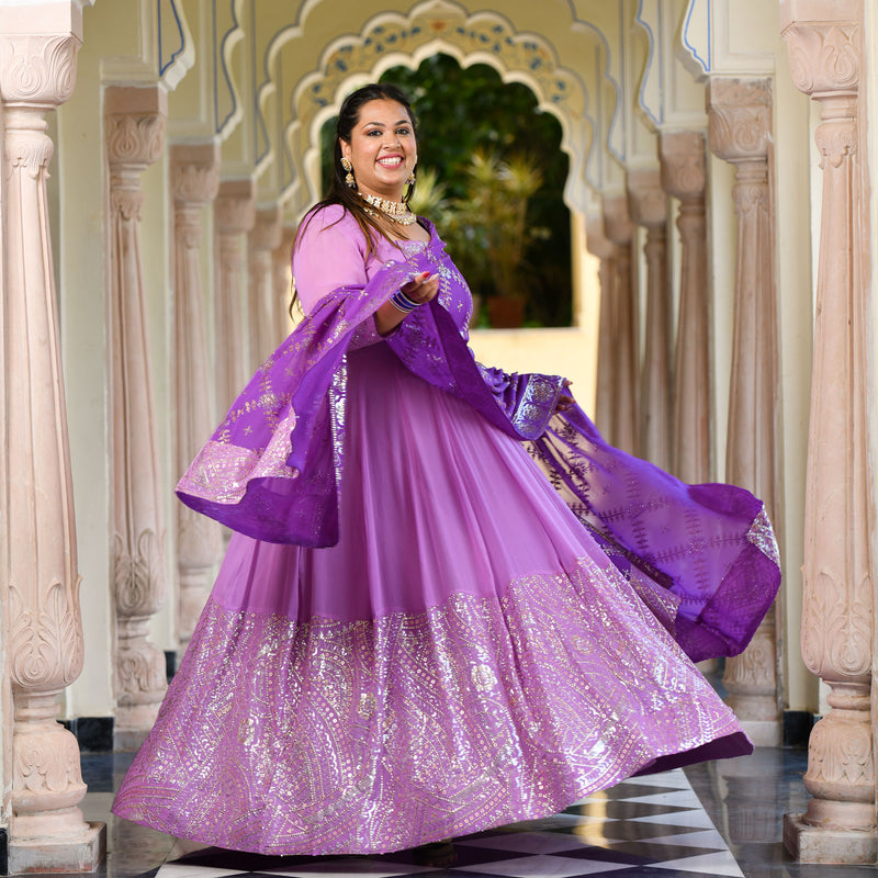 Wink Purple & Lavender Sequin Embroidered Anarkali Dress