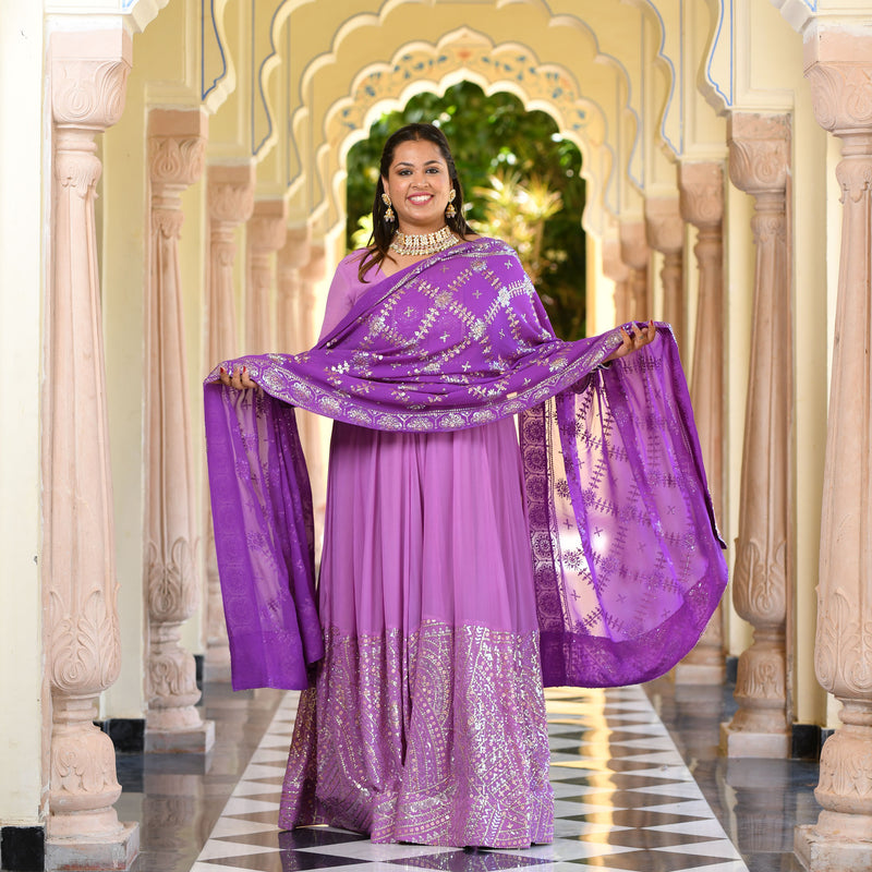 Wink Purple & Lavender Sequin Embroidered Anarkali Dress