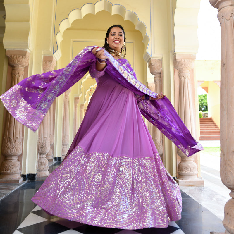 Wink Purple & Lavender Sequin Embroidered Anarkali Dress