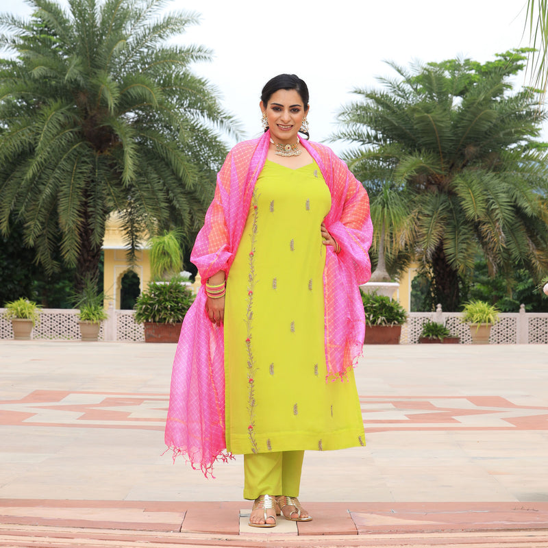 Pastel Lime & Pink Handwork Pure Georgette Suit Set