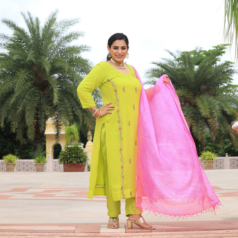 Pastel Lime & Pink Handwork Pure Georgette Suit Set