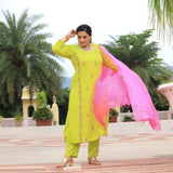 Pastel Lime & Pink Handwork Pure Georgette Suit Set