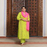 Pastel Lime & Pink Handwork Pure Georgette Suit Set