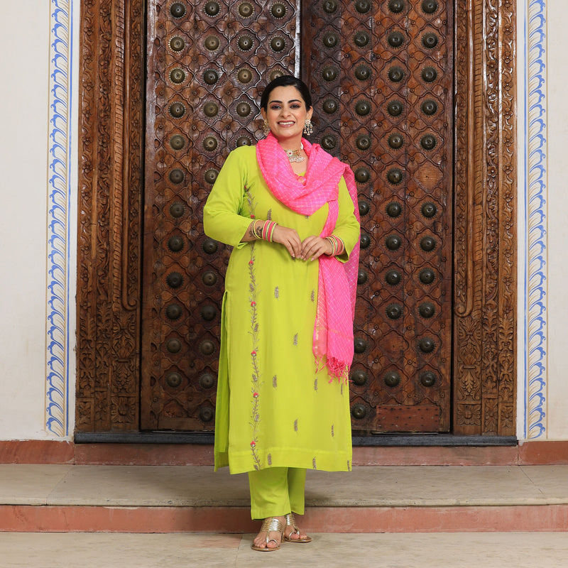 Pastel Lime & Pink Handwork Pure Georgette Suit Set