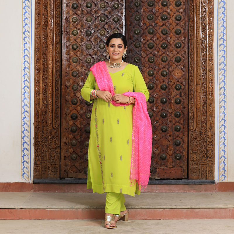 Pastel Lime & Pink Handwork Pure Georgette Suit Set
