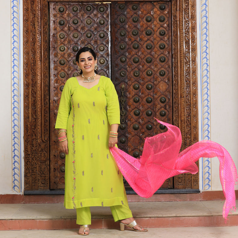 Pastel Lime & Pink Handwork Pure Georgette Suit Set