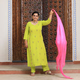 Pastel Lime & Pink Handwork Pure Georgette Suit Set