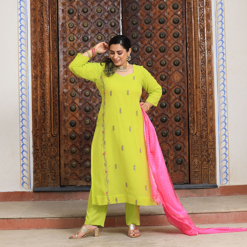 Pastel Lime & Pink Handwork Pure Georgette Suit Set