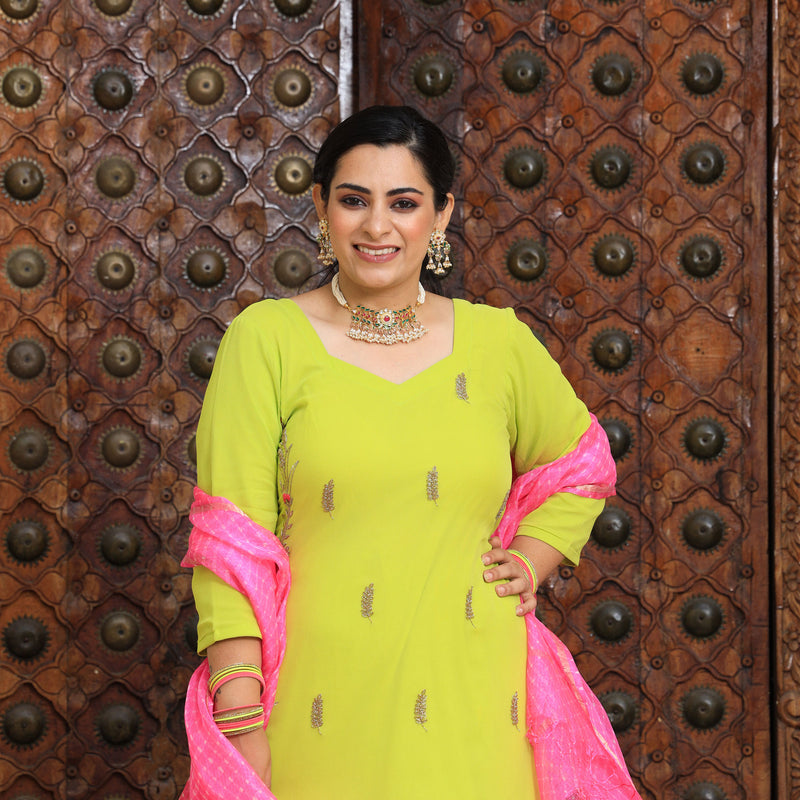 Pastel Lime & Pink Handwork Pure Georgette Suit Set