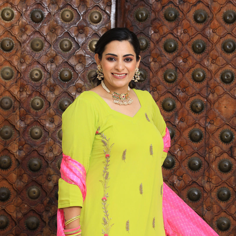 Pastel Lime & Pink Handwork Pure Georgette Suit Set