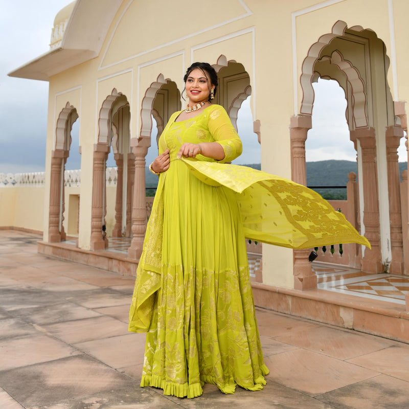 Lime Yellow Banarasi Anarkali Dress