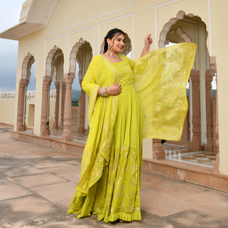 Lime Yellow Banarasi Anarkali Dress