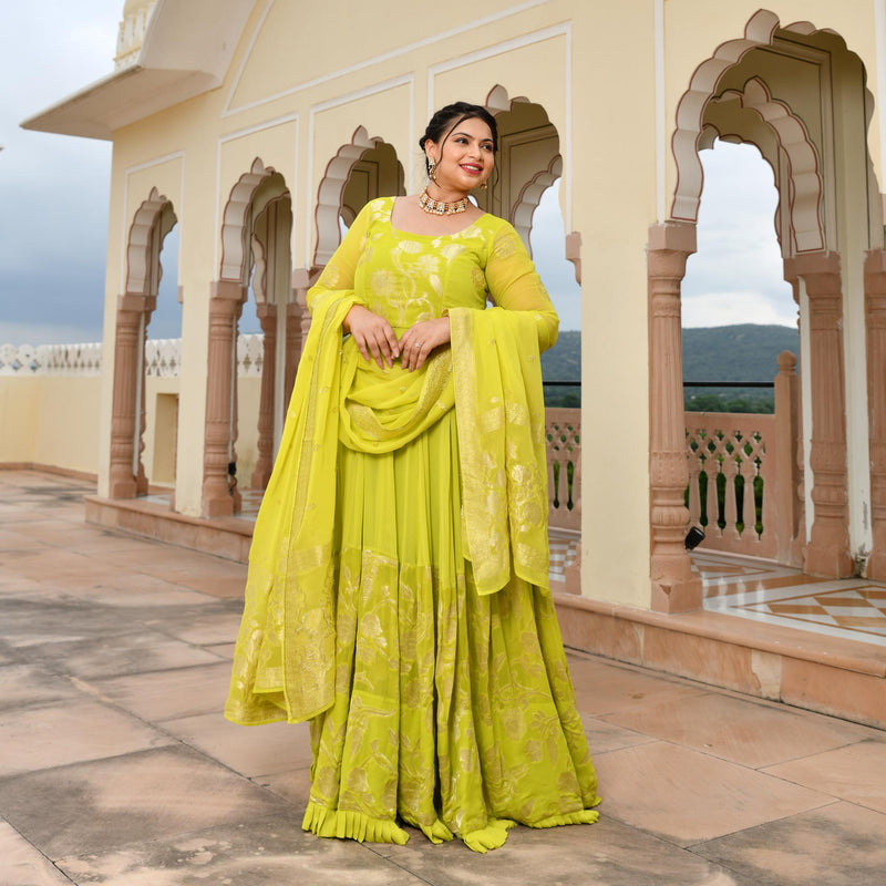 Lime Yellow Banarasi Anarkali Dress