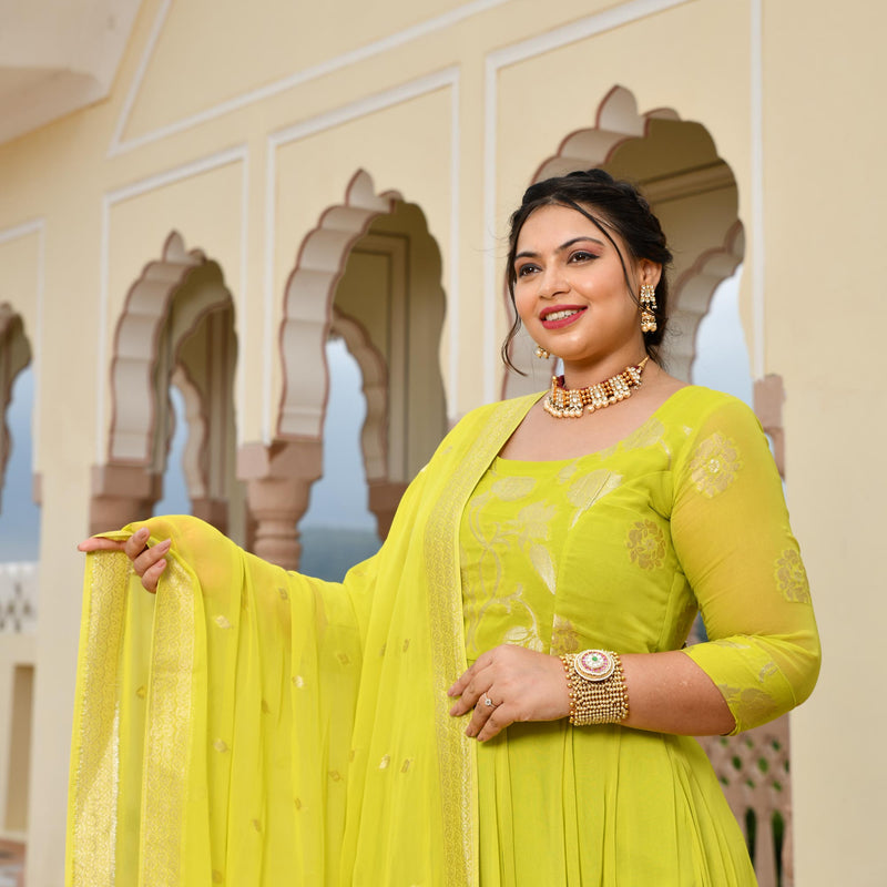 Lime Yellow Banarasi Anarkali Dress