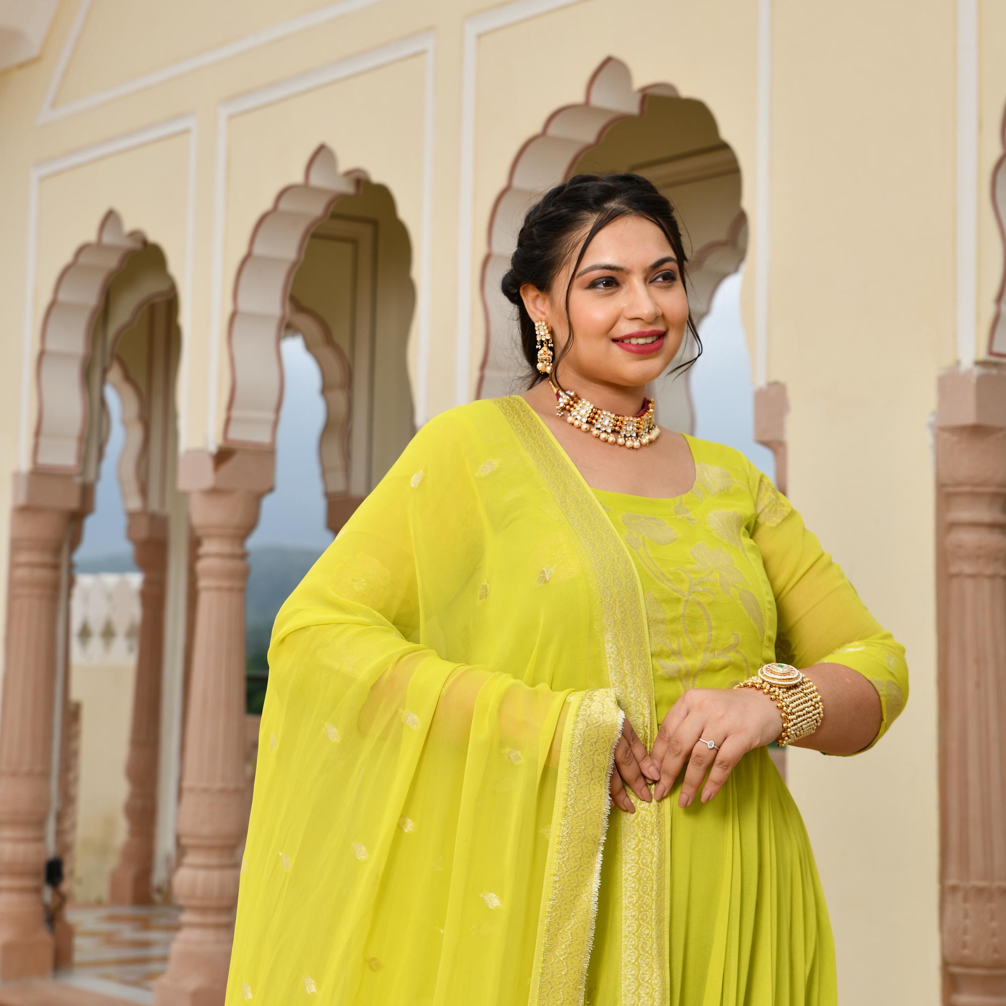 Lime Yellow Banarasi Anarkali Dress