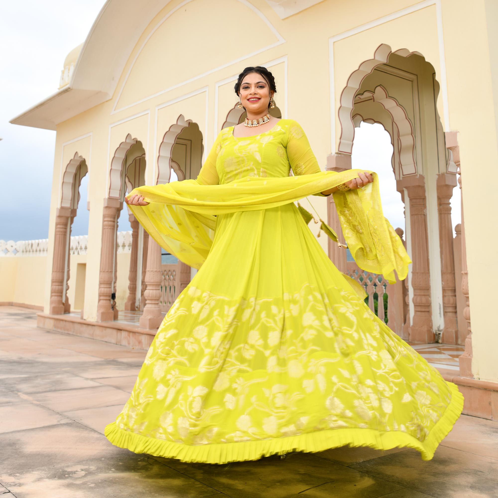 Buy Women Yellow Sequin And Bead Embellished Halter Anarkali Gown With  Dupatta - Yellows & Greens - Indya
