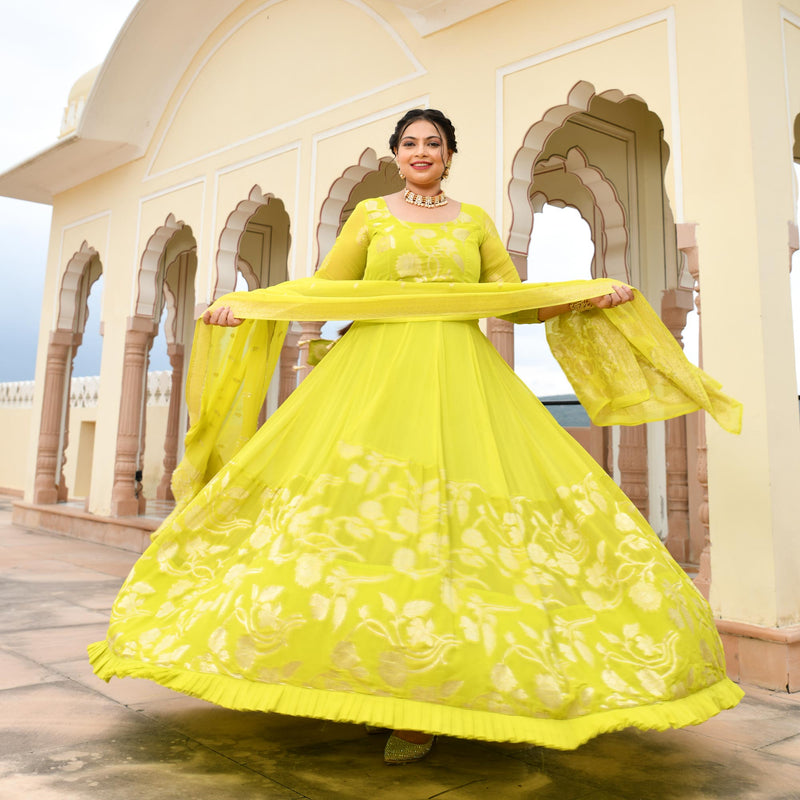 Lime Yellow Banarasi Anarkali Dress
