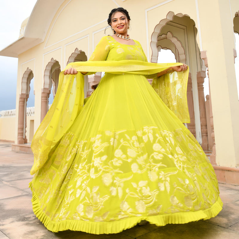 Lime Yellow Banarasi Anarkali Dress