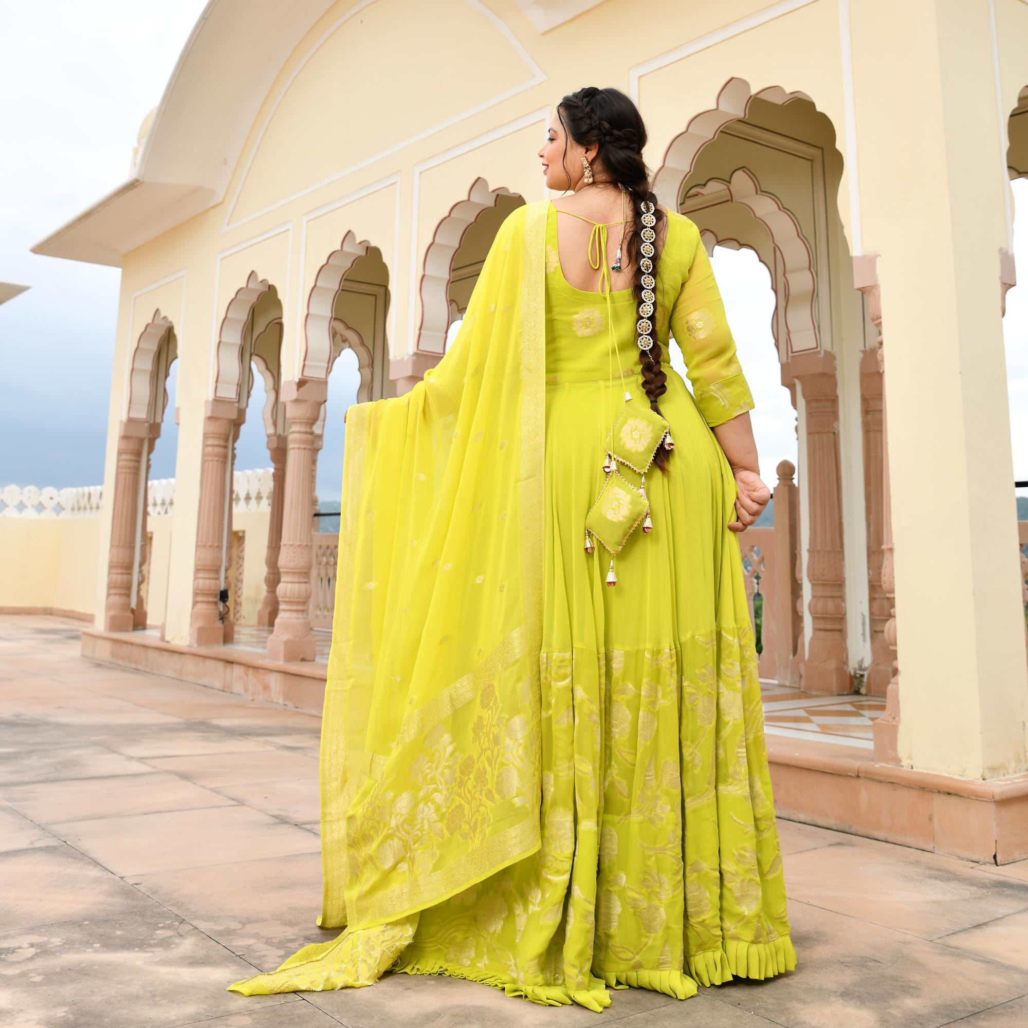 Lime Yellow Banarasi Anarkali Dress