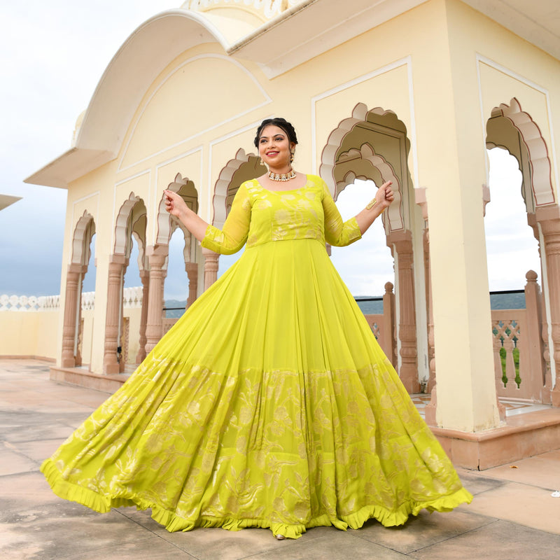 Lime Yellow Banarasi Anarkali Dress