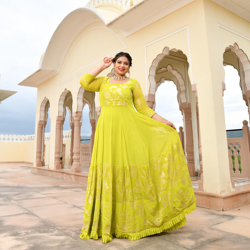 Lime Yellow Banarasi Anarkali Dress