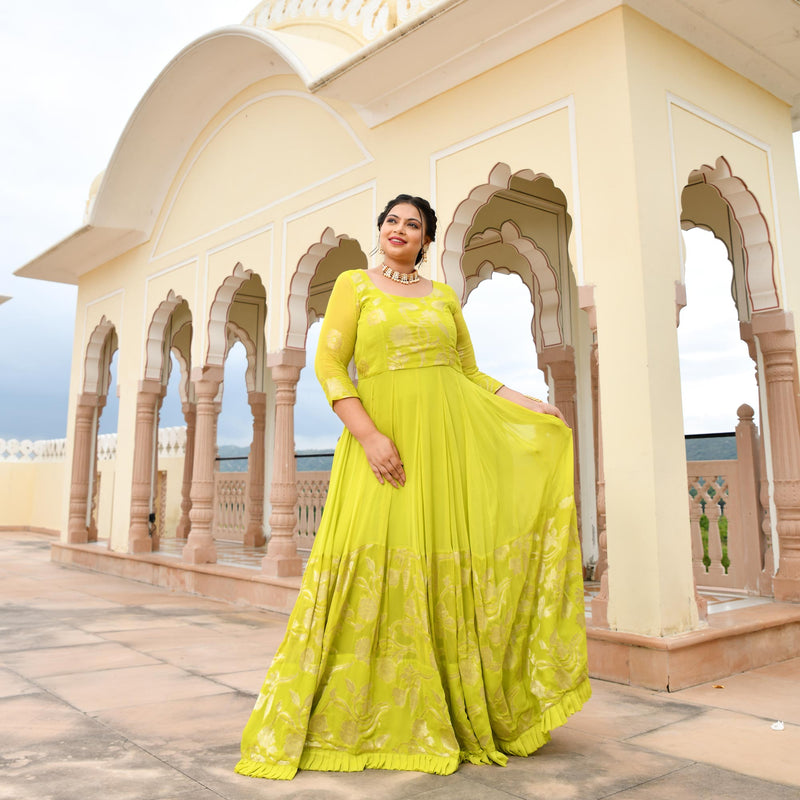 Lime Yellow Banarasi Anarkali Dress