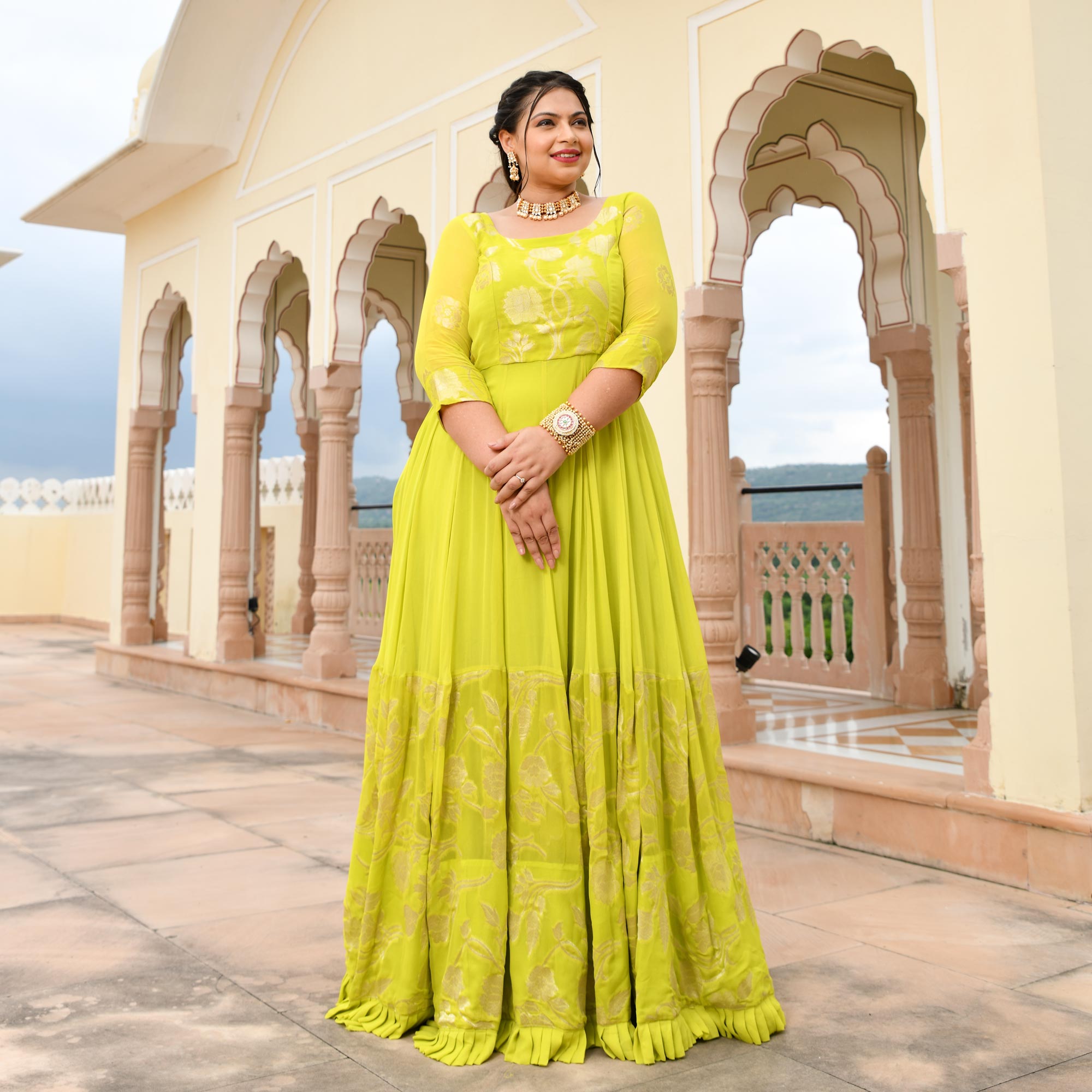 Yellow Indian Anarkali Gown Dress, Fully Stitched Indian Outfit. | JCS  Fashions