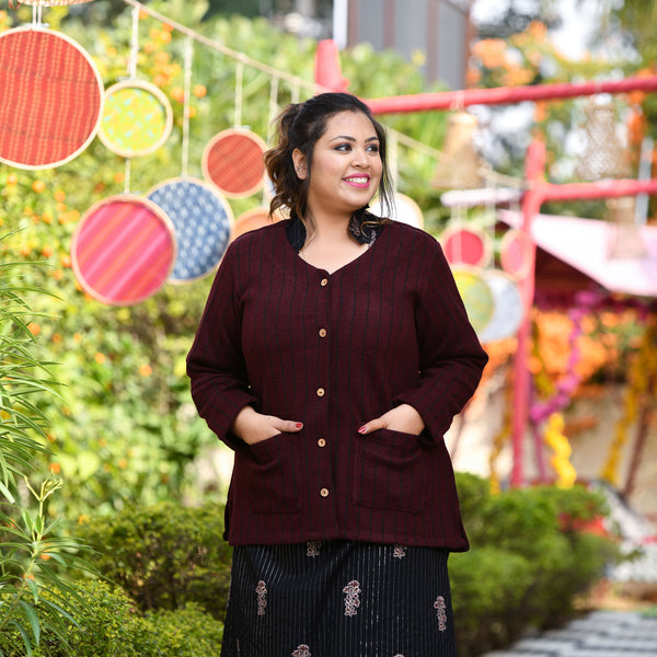 Woollen Cranberry Maroon Full Sleeves Knitted Cardigan