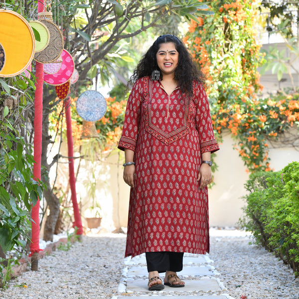 Deep Carmine Ajrakh Printed Modal Kurta