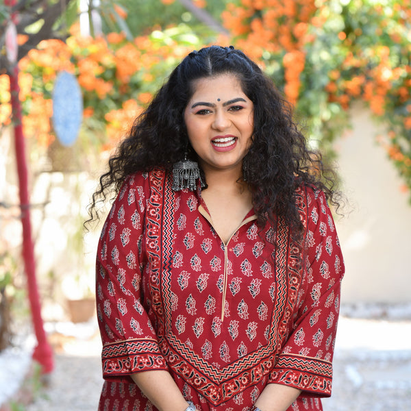 Deep Carmine Ajrakh Printed Modal Kurta