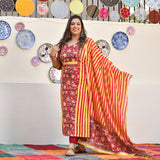 Harvest Hues And Red Kalamkari Handblock Cotton Suit Set