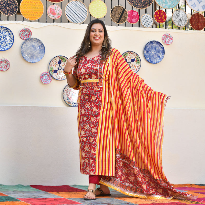 Harvest Hues And Red Kalamkari Handblock Cotton Suit Set